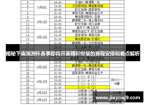 揭秘下庙澳洲杯赛事即将开赛精彩纷呈的赛程安排和看点解析